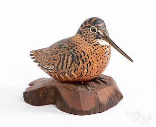 Carved and painted Woodcock, signed Weidemann
