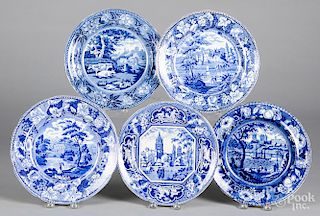 Five blue Staffordshire English scenery plates