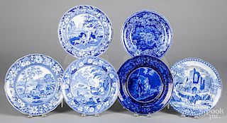Six blue Staffordshire plates, 10" dia.