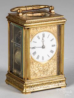 French engraved brass carriage clock, by Drocourt