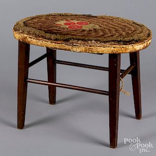 Mahogany footstool with hooked rug cover