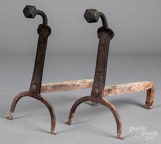 Pair wrought iron andirons 19th c., 17 1/2"h