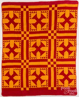 Red and orange pieced quilt, ca. 1900, 84" x 65".