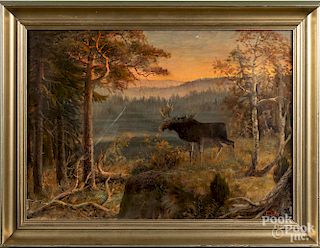Oil on canvas landscape with moose, early 20th c.