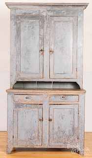 Painted pine two-part Dutch cupboard, 19th c.