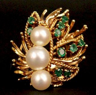 Ladies 14k Gold, Pearl & Emerald Ring