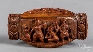 Continental carved fruitwood snuff box, 19th c.