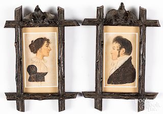 Pair of miniature watercolor profile portraits