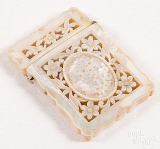 Pierced mother of pearl floral card case, ca. 1900