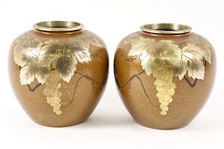 Pair of Japanese Bronze Vases w/Grape Motif