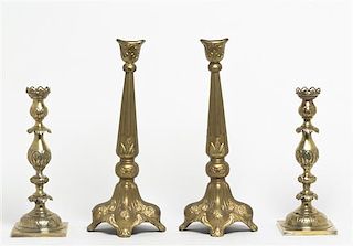 Two Pairs of Gilt Metal Candlesticks, Height of taller 18 inches.