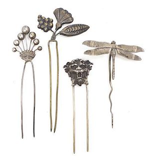 A Group of Four Metal Double Prong Hairpins, Length of longest 5 1/4 inches.