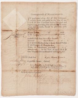 Hancock, John (1737-1793) Ship's Register, Signed 29 May 1784.