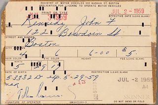 Kennedy, John F. (1917-1963) Application for Driver's License, Secretarially Signed, 2 July 1959.