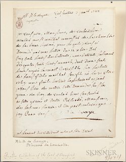 Marie Thérèse Louise of Savoy, Princesse de Lamballe (1749-1792) Letter Signed, Versailles, 3 January 1788.