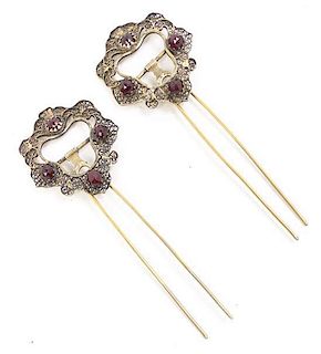 Two Gilt Metal and Ruby Glass Mounted Double Prong Hairpins, Length 4 1/8 inches.