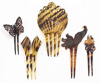 Five Tortoise Shell Hair Accessories, Length of longest 6 1/4 inches.