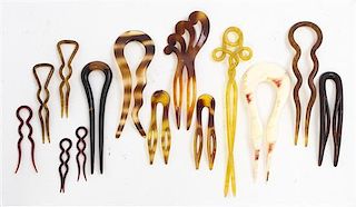 Nine Tortoise Shell Double Prong Hairpins, Length of longest 6 inches.
