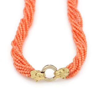 18K YG Coral Bead Necklace w/ Lions Head Clasp