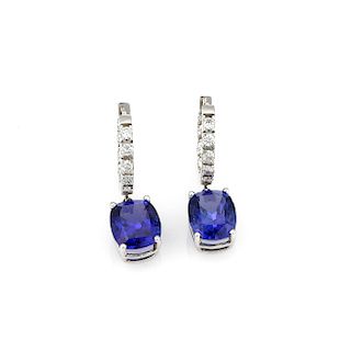 14K WG Diamond Hoop Tanzanite Drop Earrings