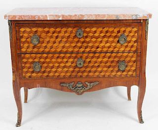French Marquetry Inlaid Two Drawer Commode
