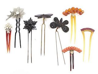 Eight Double Prong Hairpins, Length of longest 5 1/2 inches.