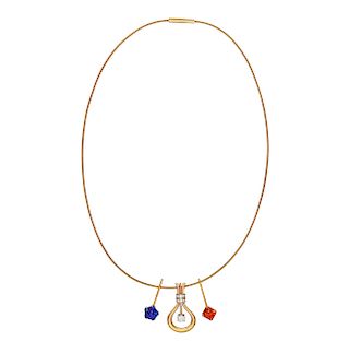 18k Tanzanite, Diamond & Garnet Pendants and Wire Necklace