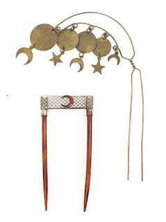 Two Ottoman Double Prong Hairpins, Length of longer 5 3/8 inches.