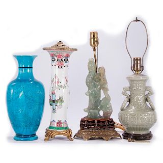 Three 19th century Chinese vases and one jade carving m