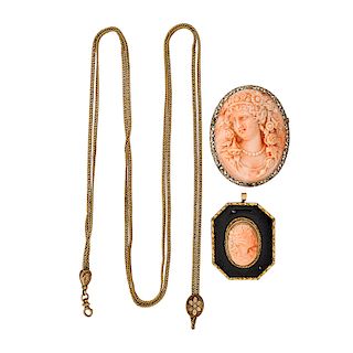 VICTORIAN CARVED CORAL CAMEOS & WATCH CHAIN
