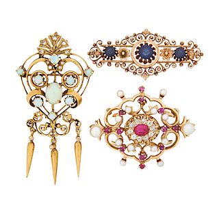 VICTORIAN REVIVAL DIAMOND OR GEM SET GOLD BROOCHES