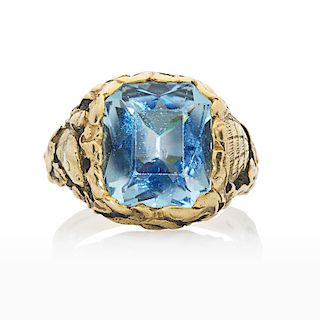 GUSTAVE MANZ FOR F. WALTER LAWRENCE AQUAMARINE & YELLOW GOLD RING