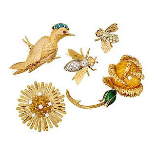 WHIMSICAL DIAMOND OR GEM SET YELLOW GOLD BROOCHES