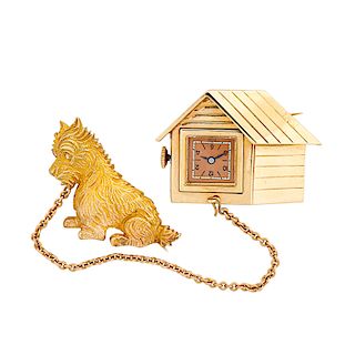 YELLOW GOLD SCOTTISH TERRIER & DOGHOUSE WATCH BROOCH