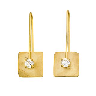 MODERNIST DIAMOND & YELLOW GOLD PENDANT EARRINGS