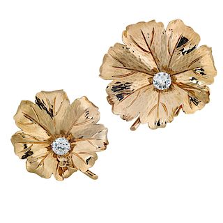 PAIR OF DIAMOND & YELLOW GOLD LEAF BROOCHES