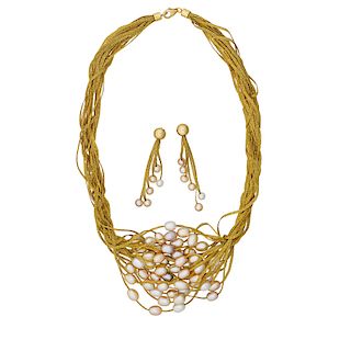 PEARL & WOVEN YELLOW GOLD NECKLACE & EARRINGS