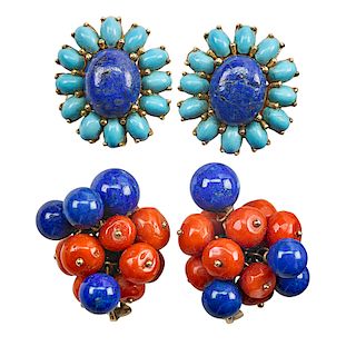 LAPIS & CORAL OR TURQUOISE YELLOW GOLD EARRINGS