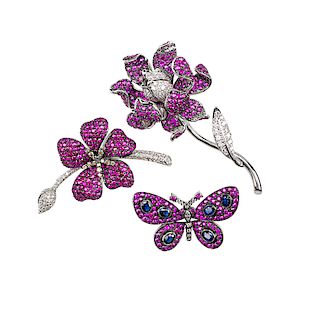 RUBY & DIAMOND FLOWER OR BUTTERFLY BROOCHES