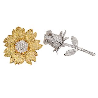 YELLOW OR WHITE DIAMOND FLOWER BROOCHES