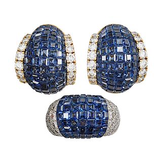 INVISIBLY SET SAPPHIRE & DIAMOND YELLOW GOLD EARRING & RING SUITE