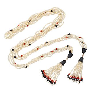 NATURAL SEED PEARL, ONYX & CORAL LARIAT NECKLACE