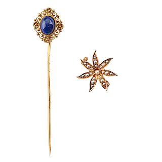 VICTORIAN LAPIS OR SEED PEARL YELLOW GOLD PINS