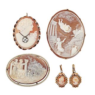 EARLY 20TH C. CARVED SHELL CAMEO BROOCHES & EARRINGS