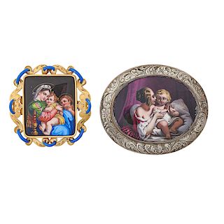 EARLY 20TH C. ENAMELED YELLOW GOLD OR SILVER MOTHER & CHILD BROOCHES
