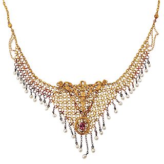 EDWARDIAN YELLOW GOLD, SEED PEARL & TOURMALINE NECKLACE