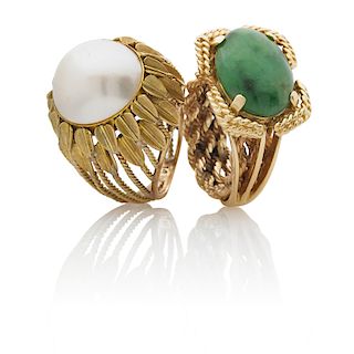 JADE OR MABE PEARL YELLOW GOLD RINGS