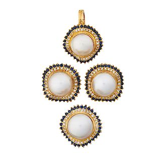 MABE PEARL, DIAMOND & SAPPHIRE YELLOW GOLD SUITE