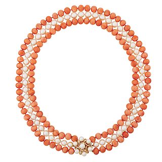 THREE-STRAND PEARL & CORAL BEAD NECKLACE