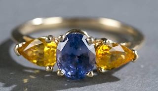 Blue and yellow sapphire 14kt gold ring.